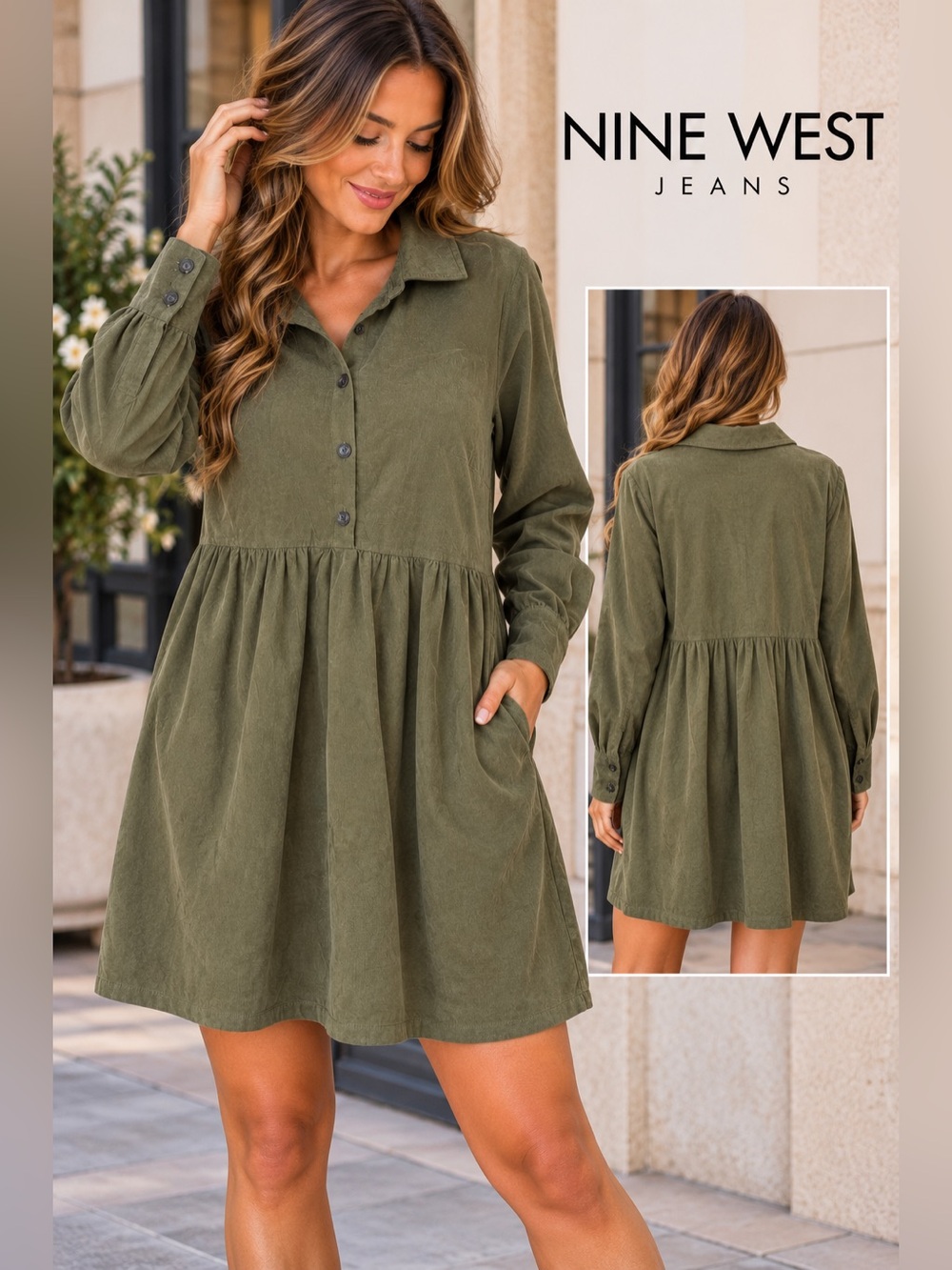 Nine West Jeans Olive Green Button-Front Babydoll Shirt Dress Size L